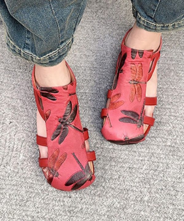 Handmade Green Cowhide Leather Embossed Hollow Out Splicing Sandals Fashion - Image 4