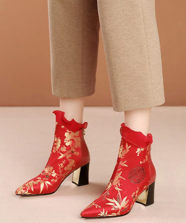 Red Zippered Cowhide Leather Embroidered Chunky Boots Supply - Image 2