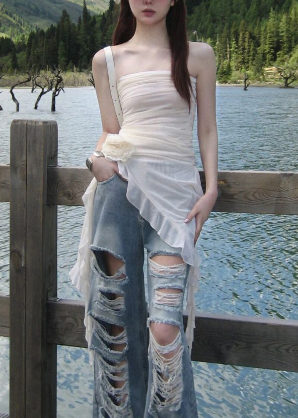 New White Asymmetrical Strapless Tulle Mid Dress Sleeveless Online - Image 2