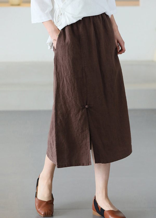 Casual Versatile Coffee Chinese Button Linen Skirt Summer Cheap - Image 2