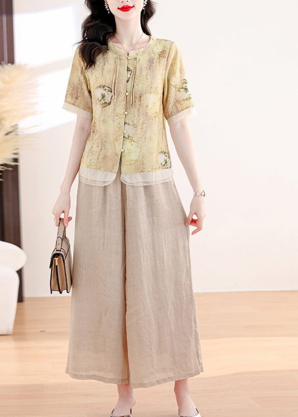Vintage Yellow O Neck Print Linen Two Piece Suit Set Summer Online now - Image 4