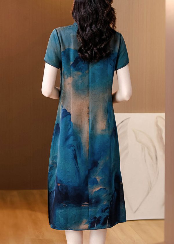 Women Blue Stand Collar Tasseled Print Silk Dress Summer Supply - Image 3