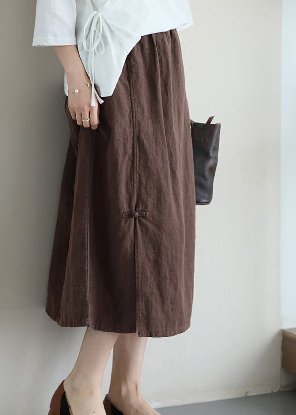 Casual Versatile Coffee Chinese Button Linen Skirt Summer Cheap - Image 3