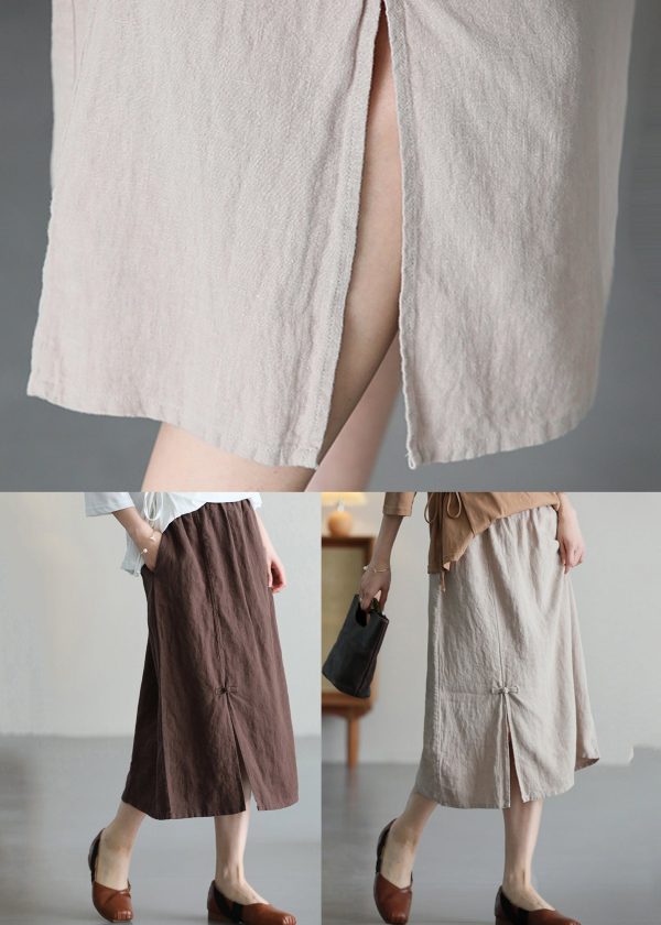 Khaki Pockets Patchwork Linen Skirt Elastic Waist Summer For Discount - Image 5